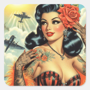 Vintage Cute Tattoo Girl Square Sticker