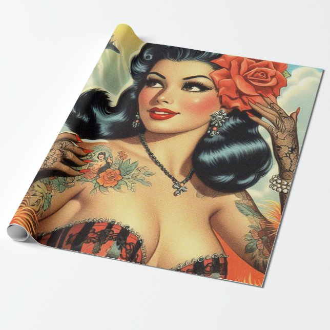 Vintage Cute Tattoo Girl Wrapping Paper (Unrolled)
