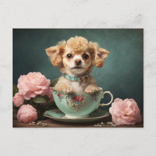 Vintage Cute Teacup Poodle Puppy Dog Rose Portrait Postcard