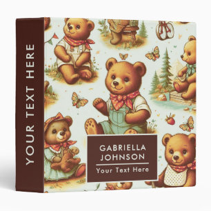 Vintage Cute Teddy Bear Pattern 3 Ring Binder