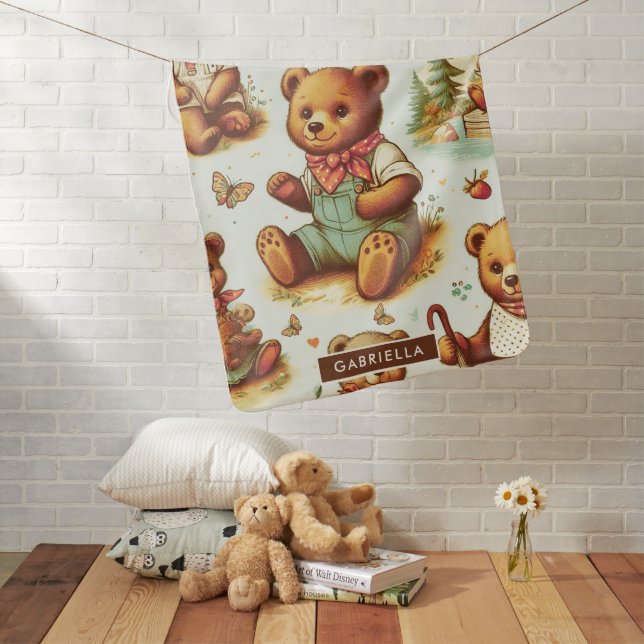 Vintage Cute Teddy Bear Pattern Baby Blanket (In Situ)