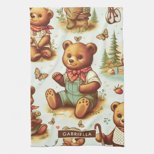 Vintage Cute Teddy Bear Pattern Kitchen Towel (Vertical)