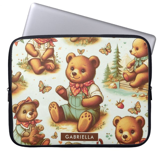 Vintage Cute Teddy Bear Pattern Laptop Sleeve (Front)