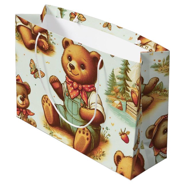 Vintage Cute Teddy Bear Pattern Large Gift Bag (Back Angled)