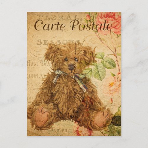 Vintage Cute Teddy Bear Toy Floral Floral French Postcard