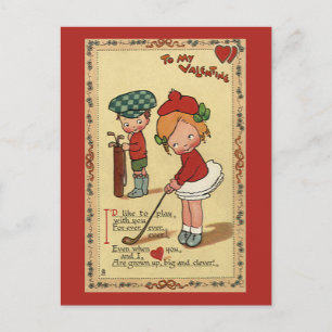Vintage Cute Valentine's Day, Children Sports Golf Holiday Postcard