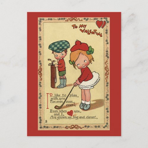 Vintage Cute Valentines Day Children Sports Golf Holiday Postcard