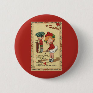 Vintage Cute Valentine's Day, Children Sports Golf Pinback Button