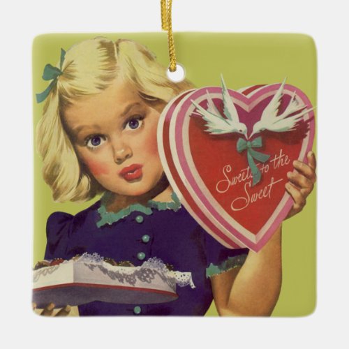 Vintage Cute Valentines Day Girl with Chocolates Ceramic Ornament