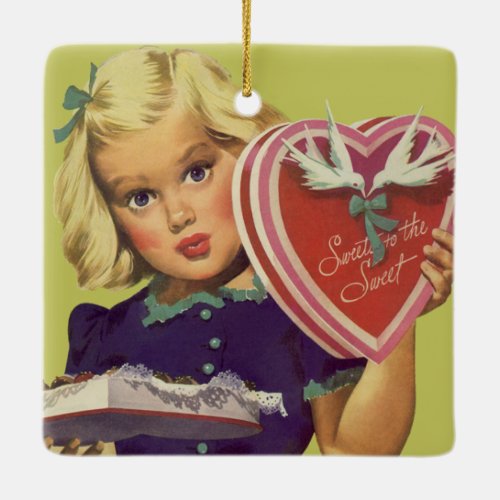 Vintage Cute Valentines Day Girl with Chocolates Ceramic Ornament