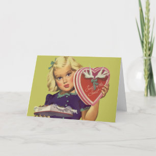 Vintage Cute Valentine's Day, Girl with Chocolates Holiday Card