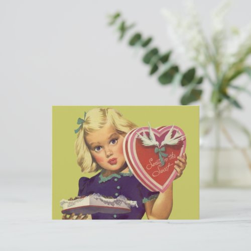Vintage Cute Valentines Day Girl with Chocolates Holiday Card