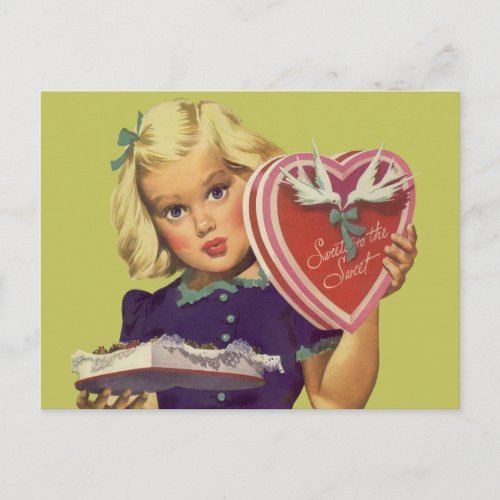 Vintage Cute Valentines Day Girl with Chocolates Holiday Postcard