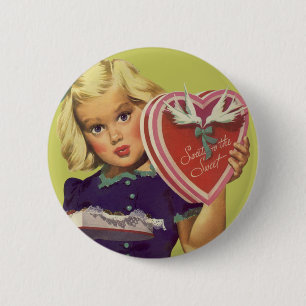Vintage Cute Valentine's Day, Girl with Chocolates Pinback Button