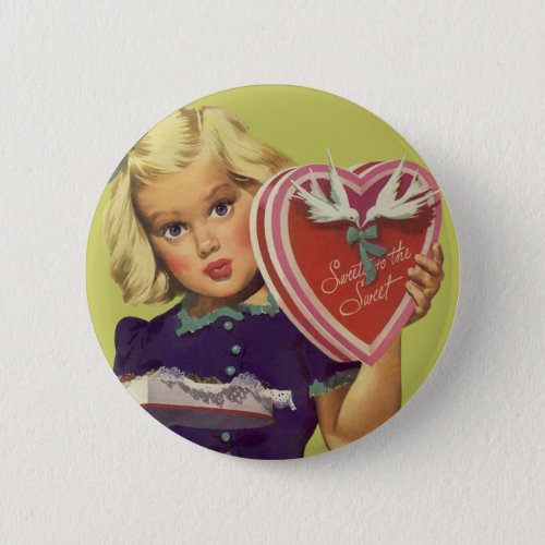 Vintage Cute Valentines Day Girl with Chocolates Pinback Button