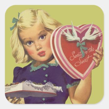 Vintage Cute Valentine's Day  Girl With Chocolates Square Sticker by Tchotchke at Zazzle