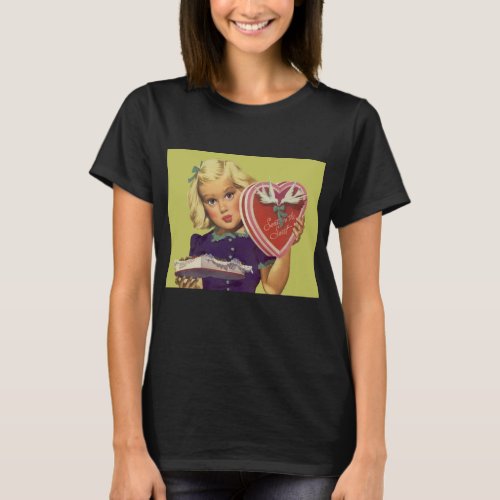 Vintage Cute Valentines Day Girl with Chocolates T_Shirt