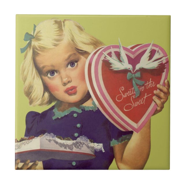 Vintage Cute Valentine's Day, Girl with Chocolates Tile (Front)