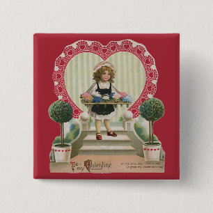 Vintage Cute Valentine's Day, Girl with Flowers Button