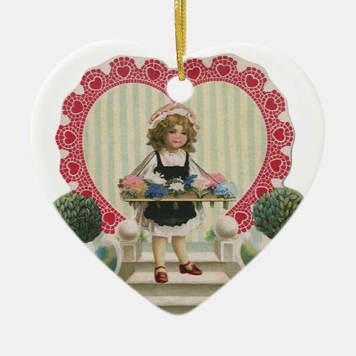 Vintage Cute Valentines Day Girl with Flowers Ceramic Ornament