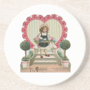 Vintage Cute Valentine's Day, Girl with Flowers Coaster