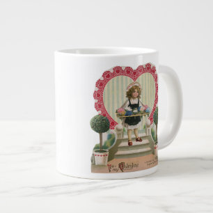 Vintage Cute Valentine's Day, Girl with Flowers Giant Coffee Mug