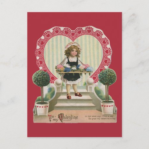 Vintage Cute Valentines Day Girl with Flowers Holiday Postcard