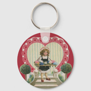 Vintage Cute Valentine's Day, Girl with Flowers Keychain
