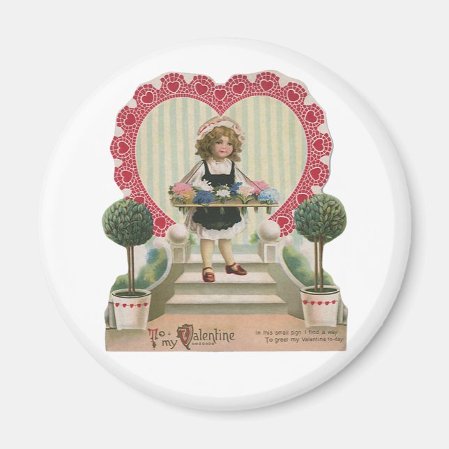 Vintage Cute Valentine's Day, Girl with Flowers Magnet (Front)