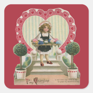 Vintage Cute Valentine's Day, Girl with Flowers Square Sticker