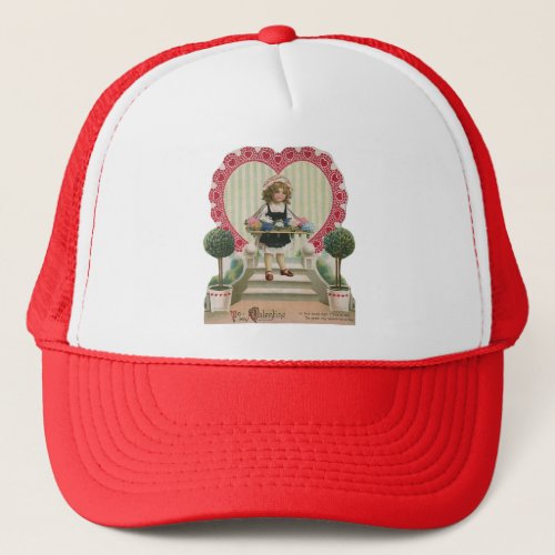 Vintage Cute Valentines Day Girl with Flowers Trucker Hat