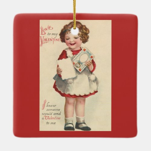 Vintage Cute Valentines Day Girl with Love Letter Ceramic Ornament