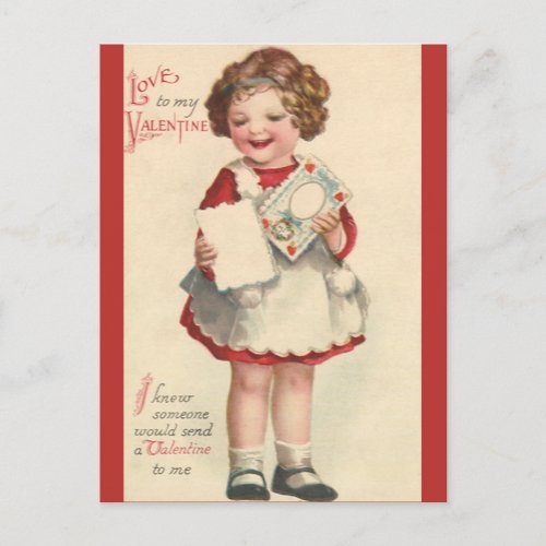Vintage Cute Valentines Day Girl with Love Letter Holiday Postcard