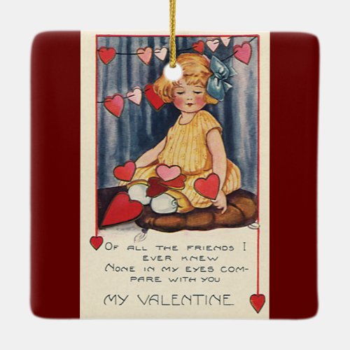 Vintage Cute Valentines Day Girl with Red Hearts Ceramic Ornament