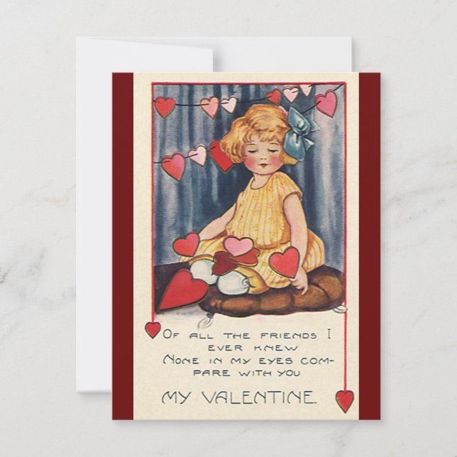 Vintage Cute Valentine's Day, Girl with Red Hearts Holiday Card (Front)