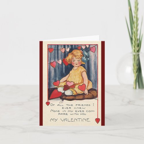 Vintage Cute Valentines Day Girl with Red Hearts Holiday Card