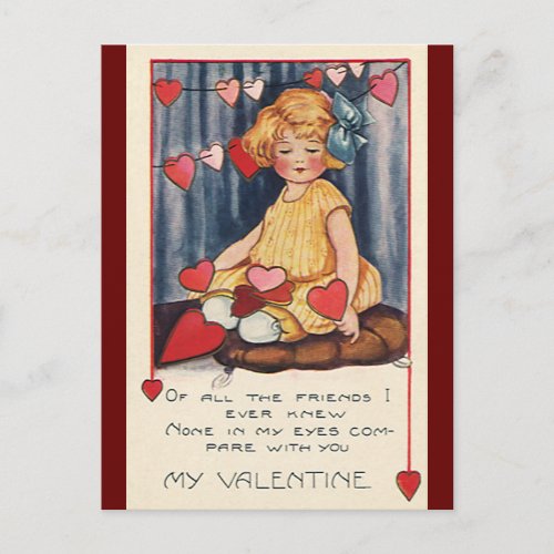 Vintage Cute Valentines Day Girl with Red Hearts Holiday Postcard