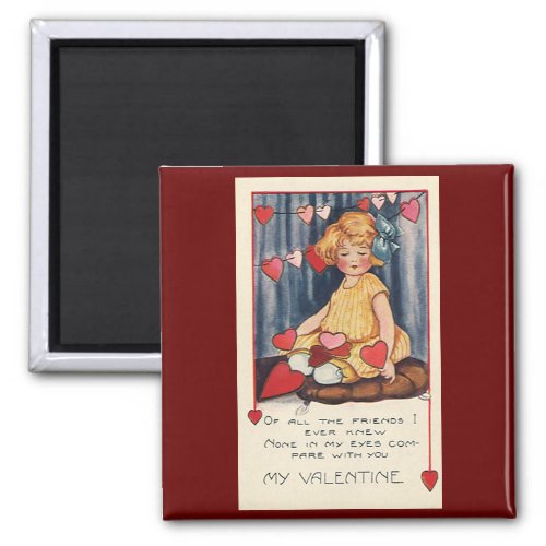 Vintage Cute Valentines Day Girl with Red Hearts Magnet