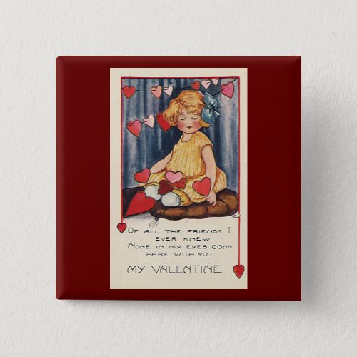 Vintage Cute Valentines Day Girl with Red Hearts Pinback Button