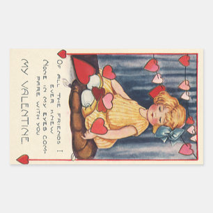 Vintage Cute Valentine's Day, Girl with Red Hearts Rectangular Sticker