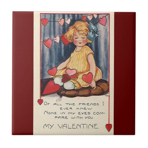 Vintage Cute Valentines Day Girl with Red Hearts Tile