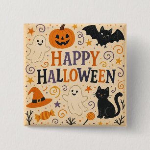 Vintage, cute whimsical Happy Halloween Button