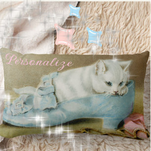 Vintage cute white kitten in a blue satin shoe lumbar pillow