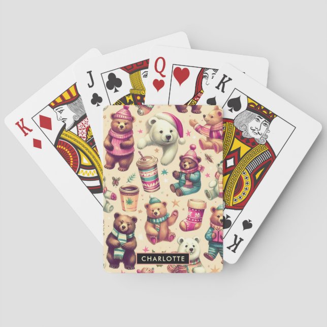 Vintage Cute Winter Teddy Bear Pattern Poker Cards (Back)