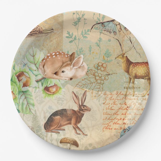 Vintage Cute Woodland Animals Pattern Paper Plates (Front)
