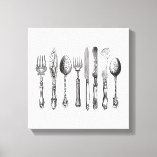 Vintage Cutlery Black White Fork Spoon Knife 1800s Canvas Print