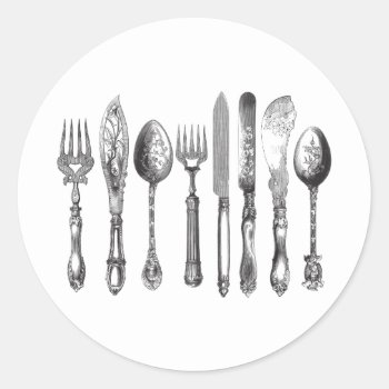 Vintage Cutlery Black White Fork Spoon Knife 1800s Classic Round Sticker by red_dress at Zazzle