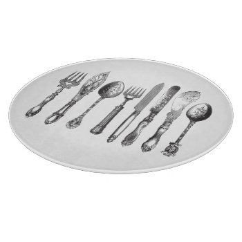 Vintage Cutlery Black White Fork Spoon Knife 1800s Cutting Board by red_dress at Zazzle