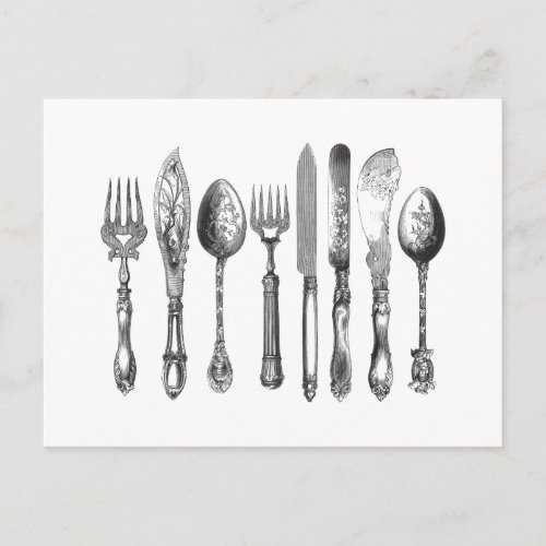 Vintage Cutlery Black White Fork Spoon Knife 1800s Postcard