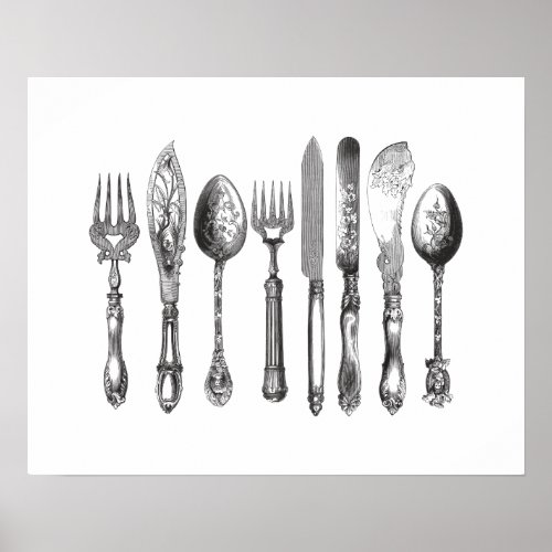 Vintage Cutlery Black White Fork Spoon Knife 1800s Poster